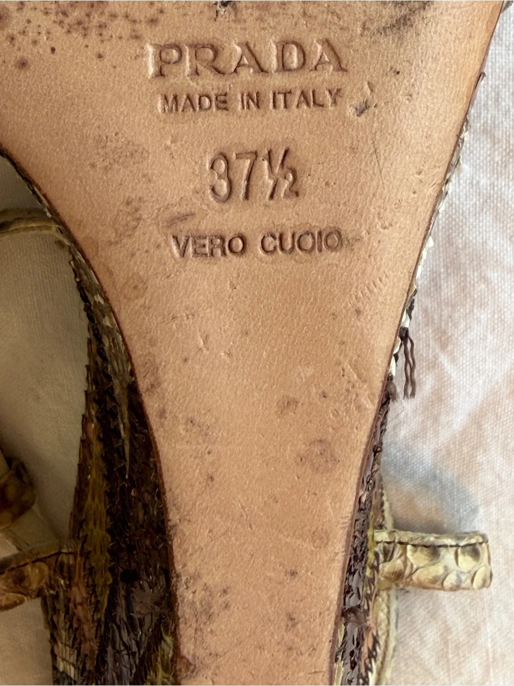 Vintage Prada Snake Python Animal Leather T Strap Wedges Heels Brown Tan Green